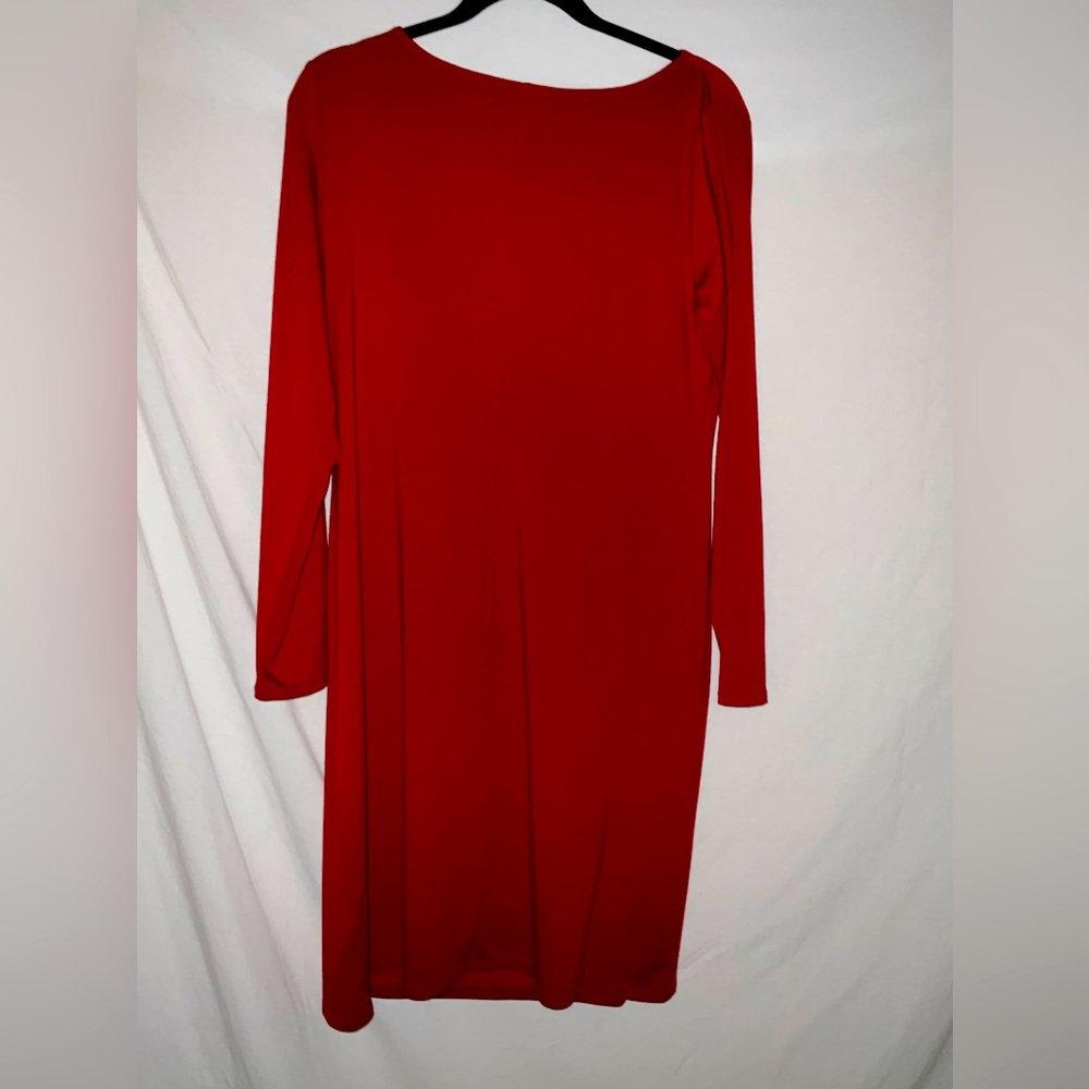 J Jill Women Red Knit Dress Jersey Shift‎ Draped Shoulder Long Sleeves Classic